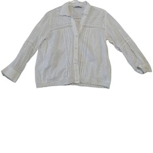 Zara Women's S Blouse Button Front Long Sleeve Embroidered Eyelet Boho Peasant
